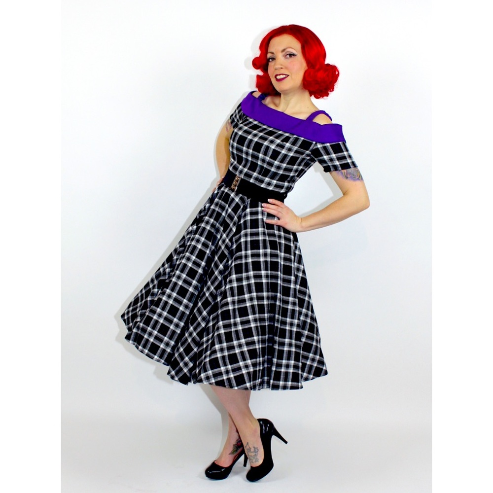 Miss Fortune Carrie Swing dress in black and purple tartan size Small.